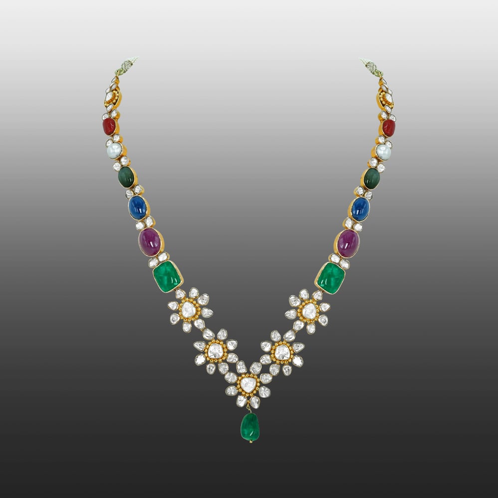 Navaratan Floral Necklace with Polkis, Emeralds, Rubies, and Pearls